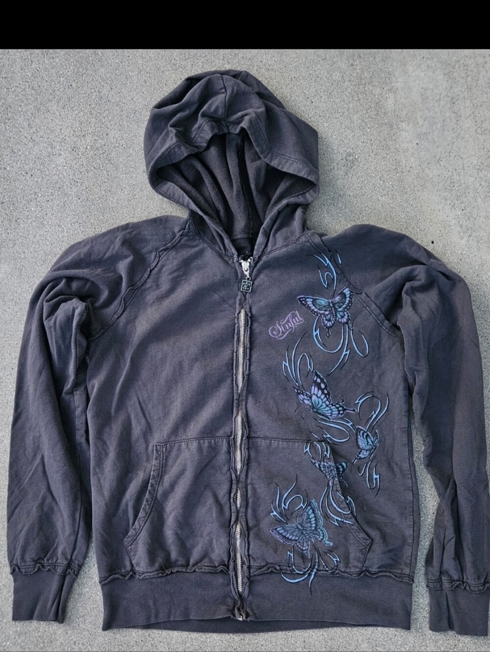 RARE SINFUL ZIP UP HOODIE LIGHTWEIGHT COTTON GREY W/BUTTERFLY GRAPHICS LARGE EUC